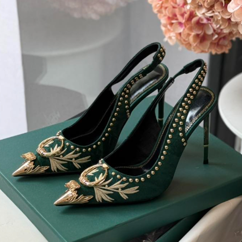 Gladiator Sandal Women - Sandal Stiletto Hijau Tua Bersulam Ujung